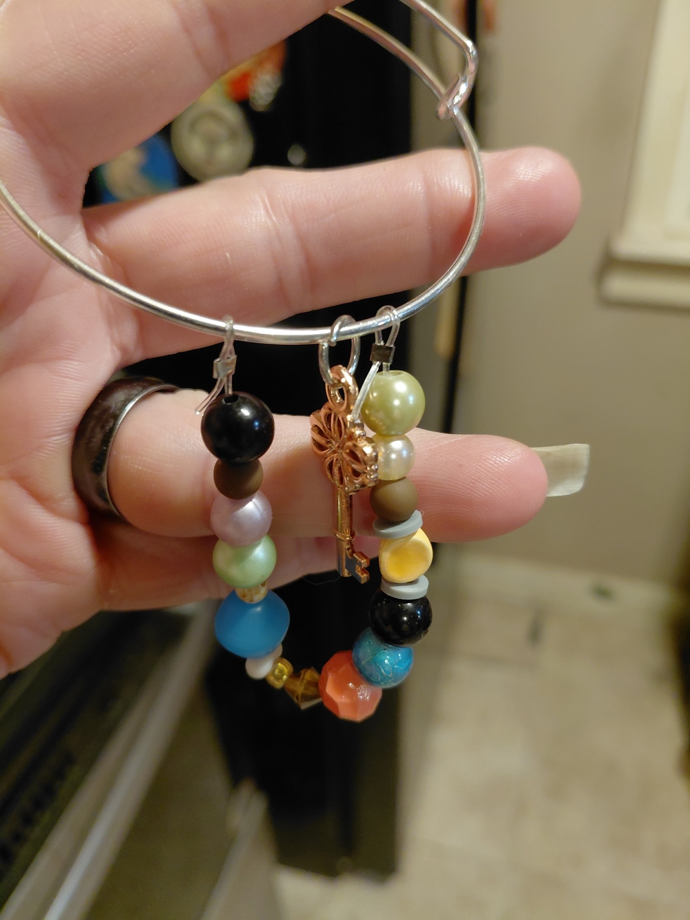 Multicolor Beaded Charm Bracelet with Gold Key Accent